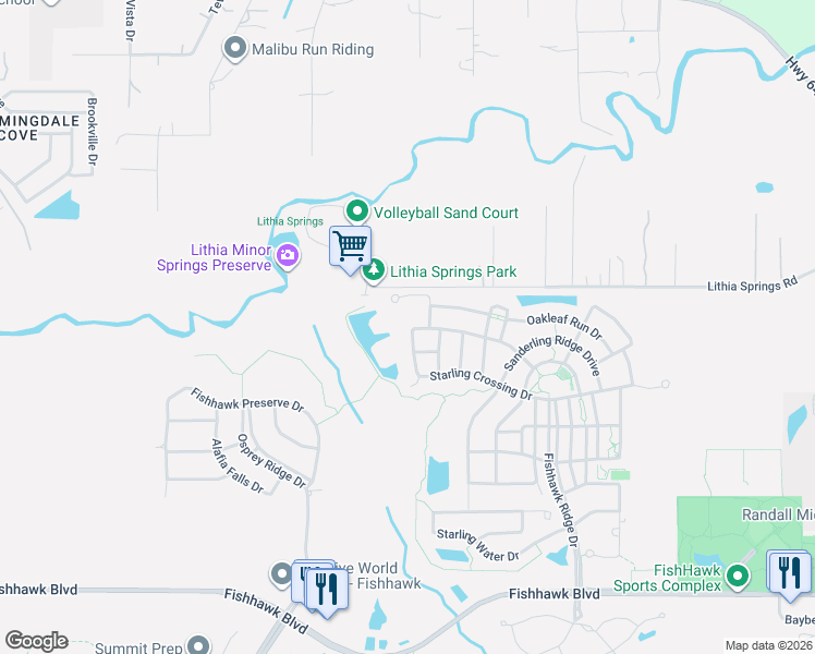 map of restaurants, bars, coffee shops, grocery stores, and more near 5105 Longspur Court in Lithia