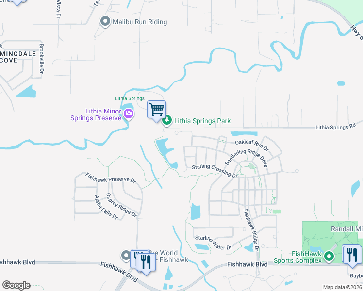 map of restaurants, bars, coffee shops, grocery stores, and more near 15429 Starling Crossing Drive in Lithia