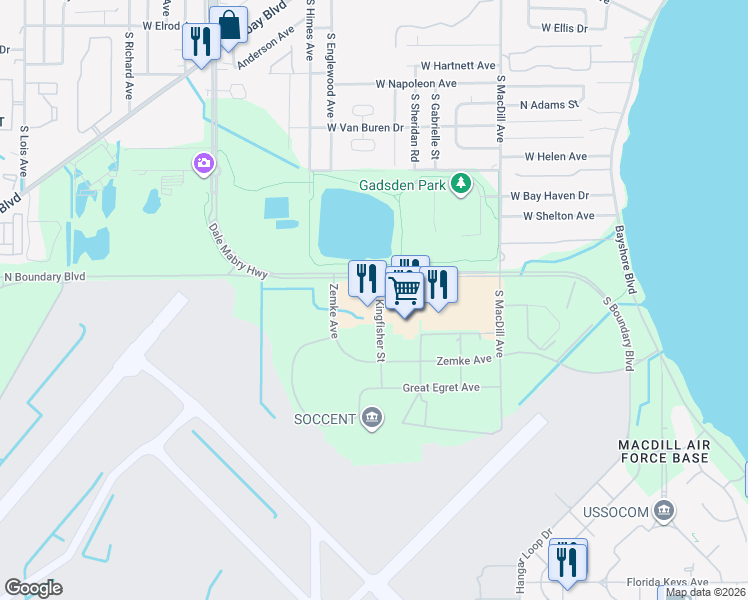 map of restaurants, bars, coffee shops, grocery stores, and more near 7105 Kingfisher Street in Tampa