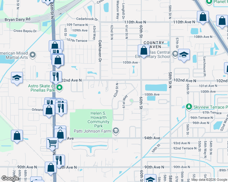 map of restaurants, bars, coffee shops, grocery stores, and more near 6200 102nd Avenue North in Pinellas Park