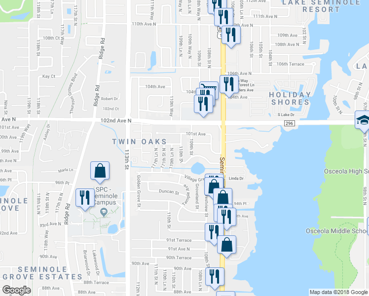 map of restaurants, bars, coffee shops, grocery stores, and more near 10024 110th Street in Seminole