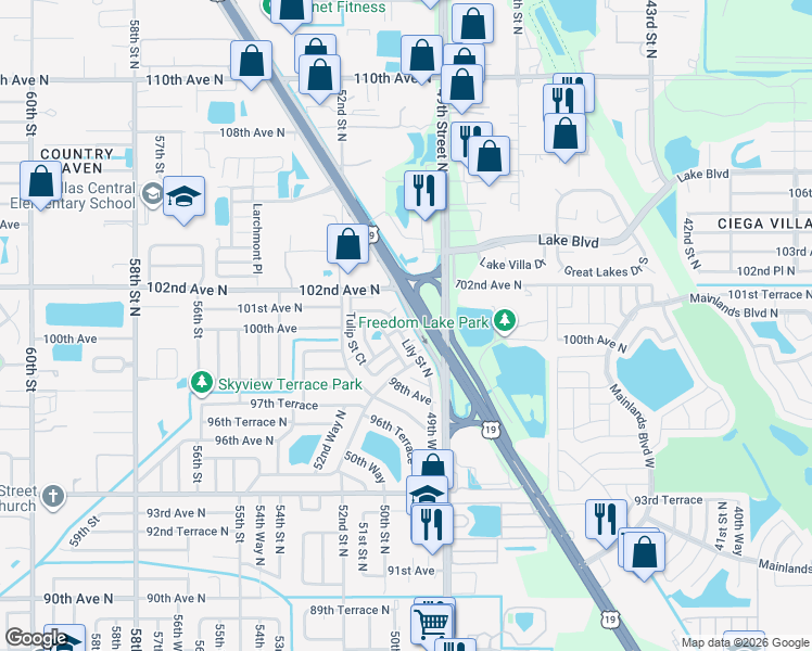 map of restaurants, bars, coffee shops, grocery stores, and more near 4991 Springwood Court North in Pinellas Park