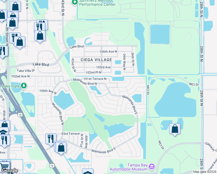 map of restaurants, bars, coffee shops, grocery stores, and more near 3833 Mainlands Boulevard North in Pinellas Park