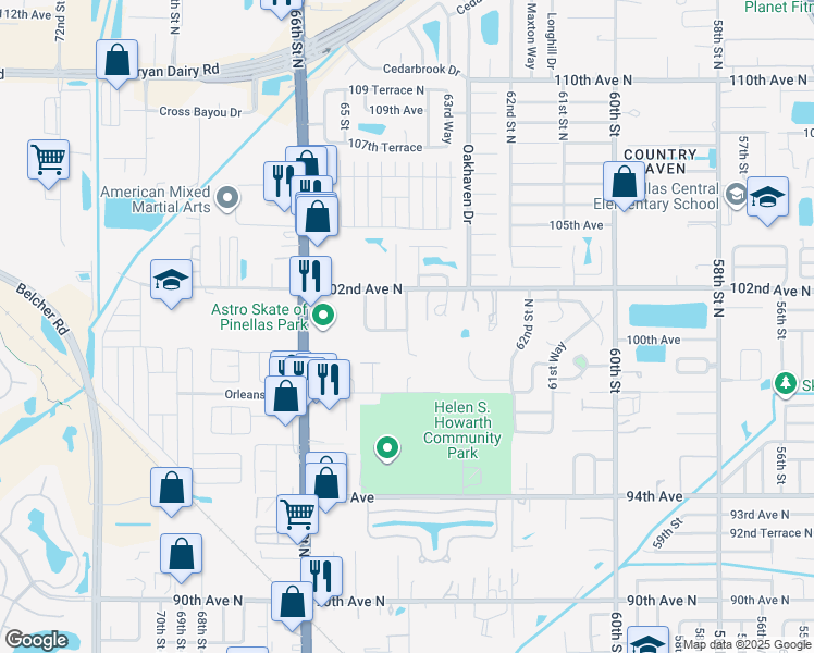 map of restaurants, bars, coffee shops, grocery stores, and more near 10116 64th Street North in Pinellas Park