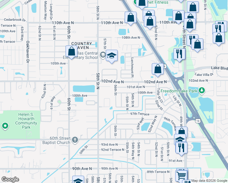 map of restaurants, bars, coffee shops, grocery stores, and more near 5591 101st Avenue North in Pinellas Park