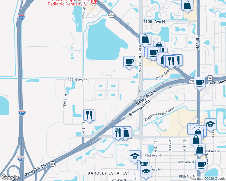 map of restaurants, bars, coffee shops, grocery stores, and more near 1200 102nd Avenue North in Saint Petersburg