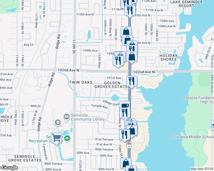 map of restaurants, bars, coffee shops, grocery stores, and more near 9981 110th Street in Seminole