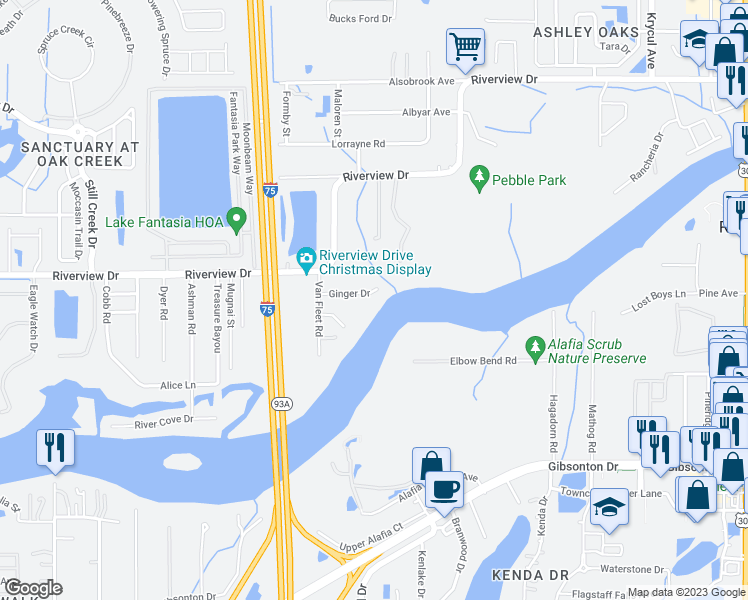 map of restaurants, bars, coffee shops, grocery stores, and more near 9824 Ginger Drive in Riverview