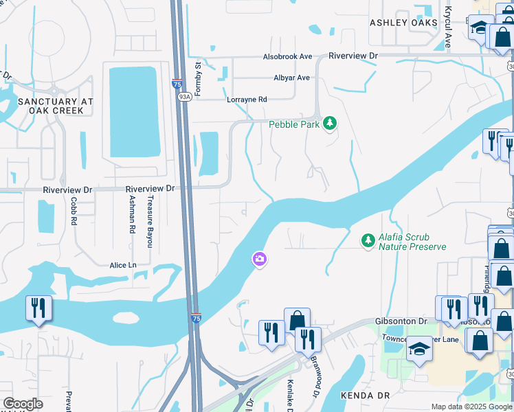 map of restaurants, bars, coffee shops, grocery stores, and more near 9824 Ginger Drive in Riverview