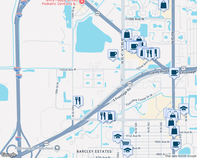 map of restaurants, bars, coffee shops, grocery stores, and more near 10400 Roosevelt Boulevard North in Saint Petersburg