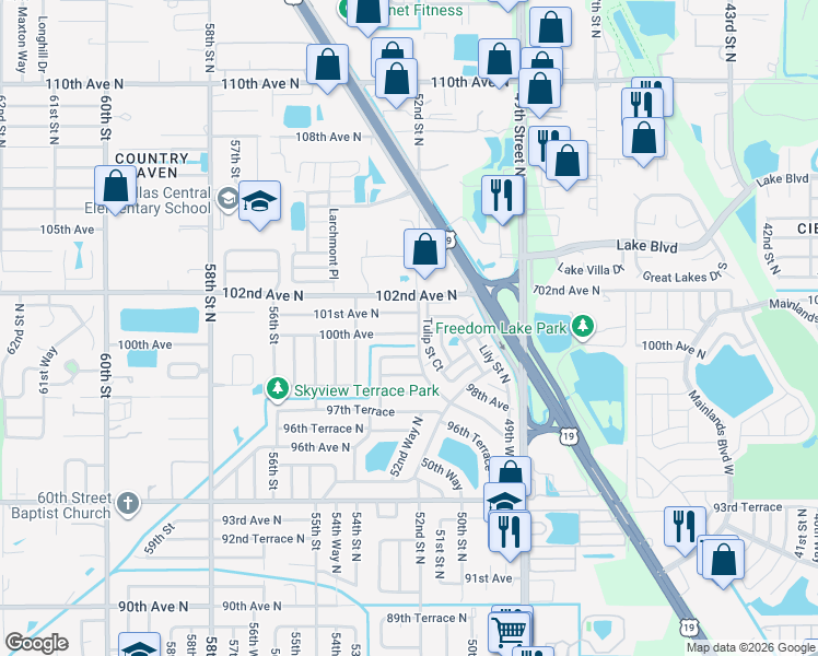 map of restaurants, bars, coffee shops, grocery stores, and more near 5209 100th Avenue in Pinellas Park