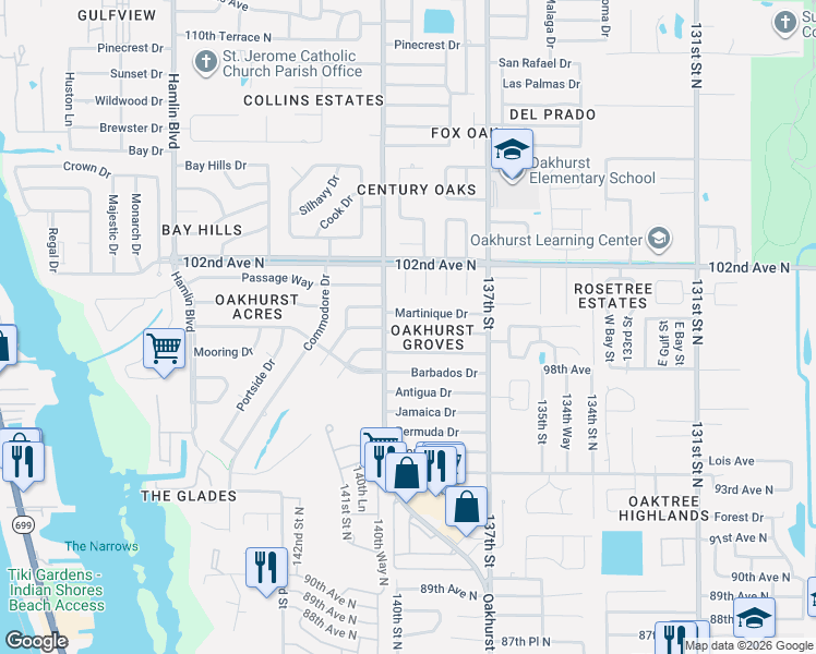 map of restaurants, bars, coffee shops, grocery stores, and more near 13931 Dominica Drive in Seminole