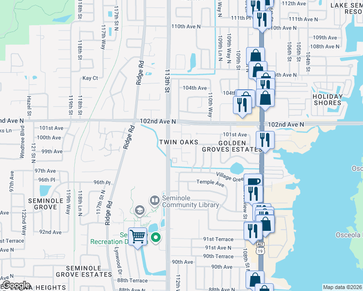 map of restaurants, bars, coffee shops, grocery stores, and more near 11149 100th Avenue in Seminole