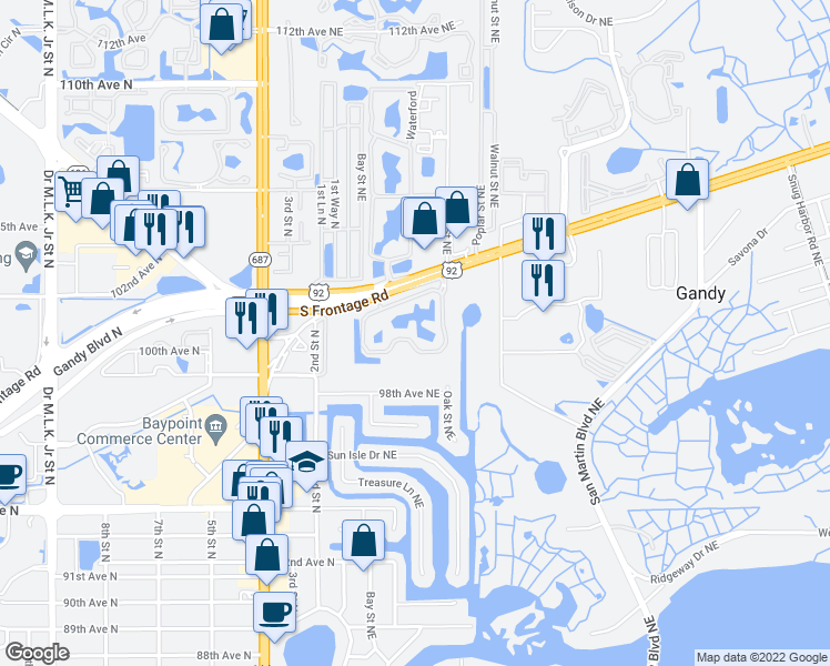 map of restaurants, bars, coffee shops, grocery stores, and more near 10200 Gandy Boulevard North in St. Petersburg