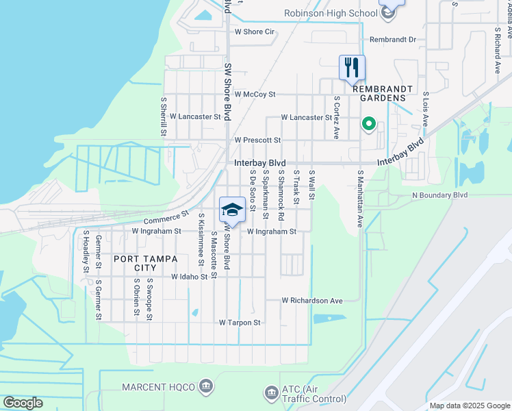 map of restaurants, bars, coffee shops, grocery stores, and more near 7011 South De Soto Street in Tampa