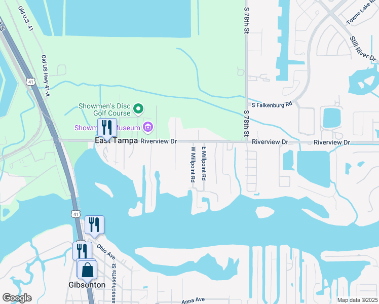 map of restaurants, bars, coffee shops, grocery stores, and more near 7311 Riverview Drive in Riverview