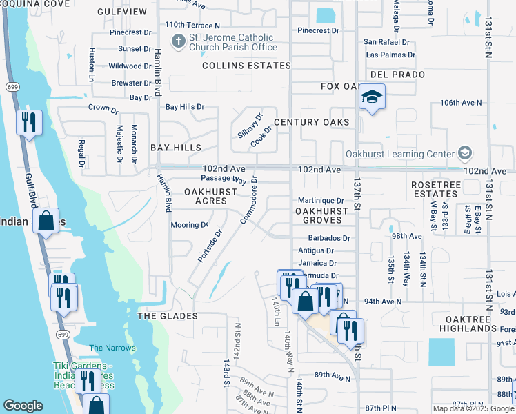 map of restaurants, bars, coffee shops, grocery stores, and more near 10025 Commodore Drive in Seminole