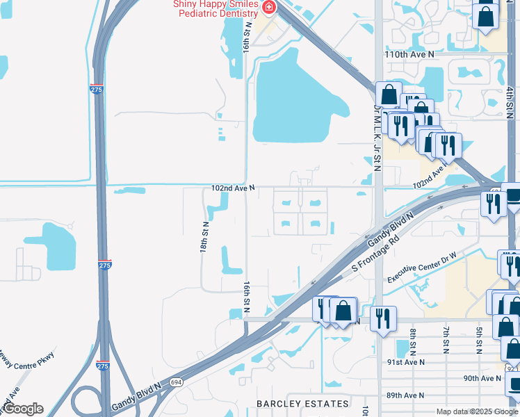 map of restaurants, bars, coffee shops, grocery stores, and more near 10001 16th Street North in Saint Petersburg