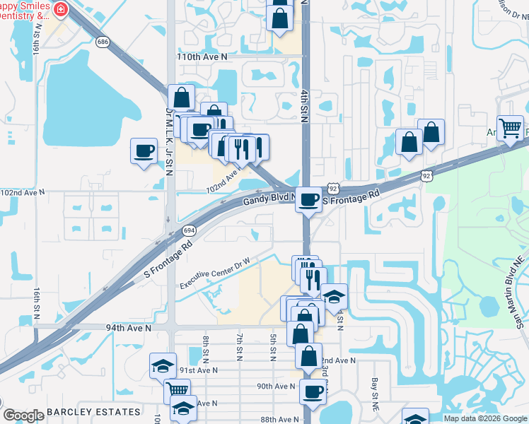 map of restaurants, bars, coffee shops, grocery stores, and more near 503 101st Avenue North in St. Petersburg