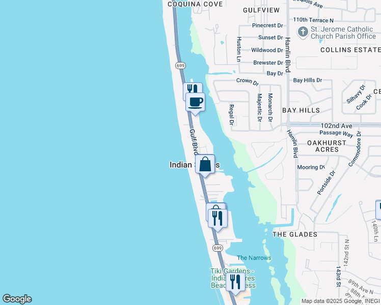 map of restaurants, bars, coffee shops, grocery stores, and more near 16 Gulf Boulevard in Indian Shores