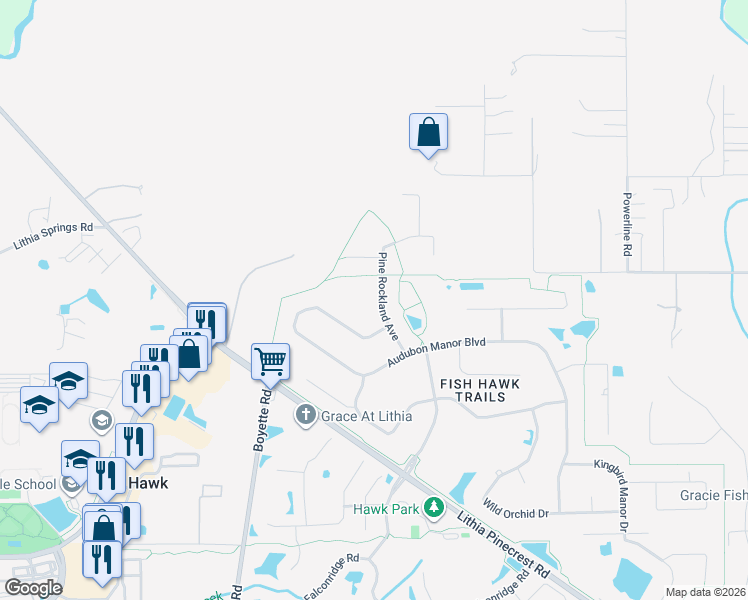map of restaurants, bars, coffee shops, grocery stores, and more near 5213 Pine Rocklands Avenue in Lithia