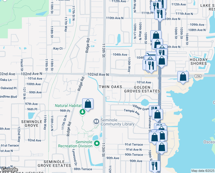map of restaurants, bars, coffee shops, grocery stores, and more near 11200 102nd Avenue North in Largo