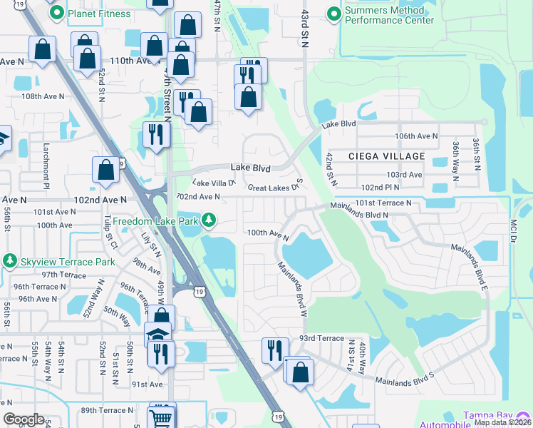 map of restaurants, bars, coffee shops, grocery stores, and more near 10151 45th Street North in Pinellas Park