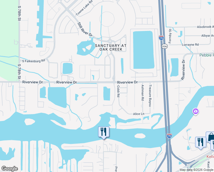 map of restaurants, bars, coffee shops, grocery stores, and more near 9007 Riverview Drive in Riverview
