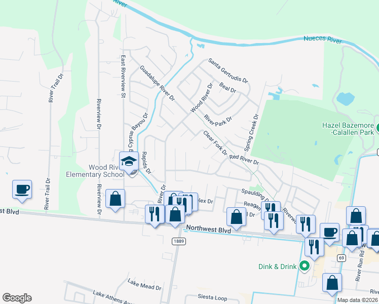 map of restaurants, bars, coffee shops, grocery stores, and more near 4229 Cowhouse Creek Court in Corpus Christi