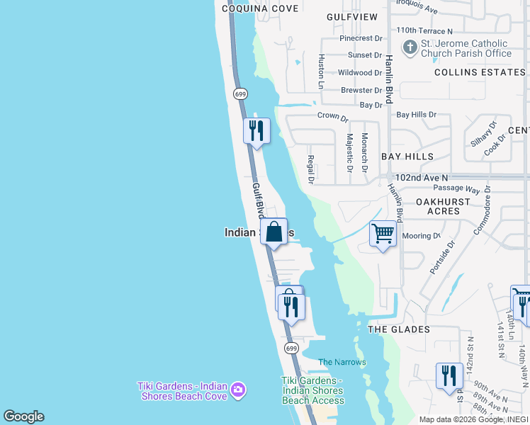 map of restaurants, bars, coffee shops, grocery stores, and more near 19915 Gulf Boulevard in Indian Shores