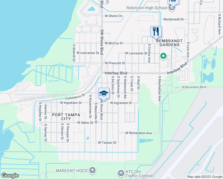 map of restaurants, bars, coffee shops, grocery stores, and more near 7011 South De Soto Street in Tampa