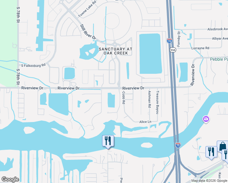 map of restaurants, bars, coffee shops, grocery stores, and more near 9007 Riverview Drive in Riverview