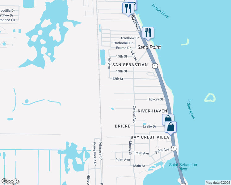 map of restaurants, bars, coffee shops, grocery stores, and more near 3815 10th Street in Sebastian