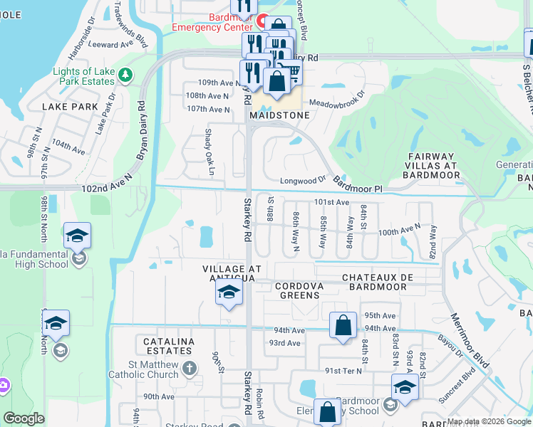 map of restaurants, bars, coffee shops, grocery stores, and more near 10063 88th Street in Seminole