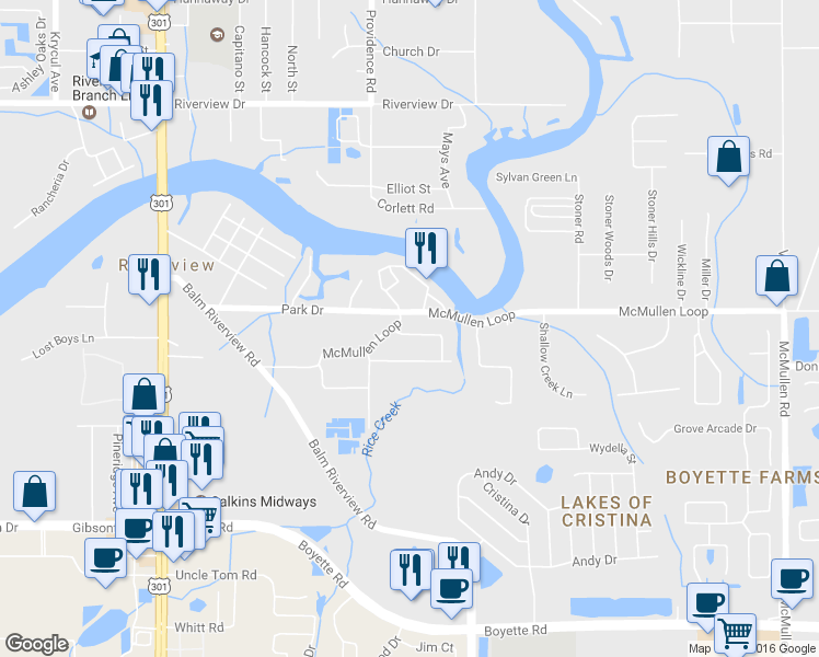 map of restaurants, bars, coffee shops, grocery stores, and more near 11204 Creek View Drive in Riverview