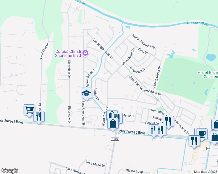 map of restaurants, bars, coffee shops, grocery stores, and more near 4226 Wood River Drive in Corpus Christi