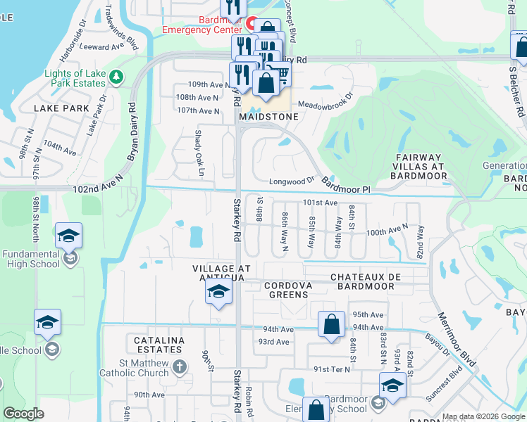 map of restaurants, bars, coffee shops, grocery stores, and more near 10063 88th Street in Seminole