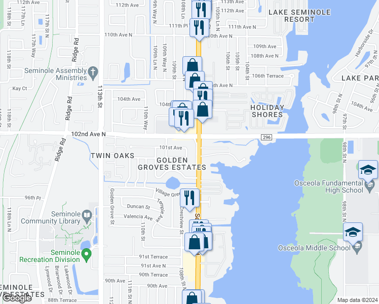map of restaurants, bars, coffee shops, grocery stores, and more near 10035 108th Street North in Seminole
