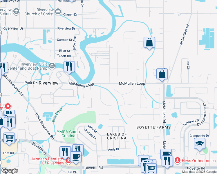 map of restaurants, bars, coffee shops, grocery stores, and more near 11333 McMullen Loop in Riverview