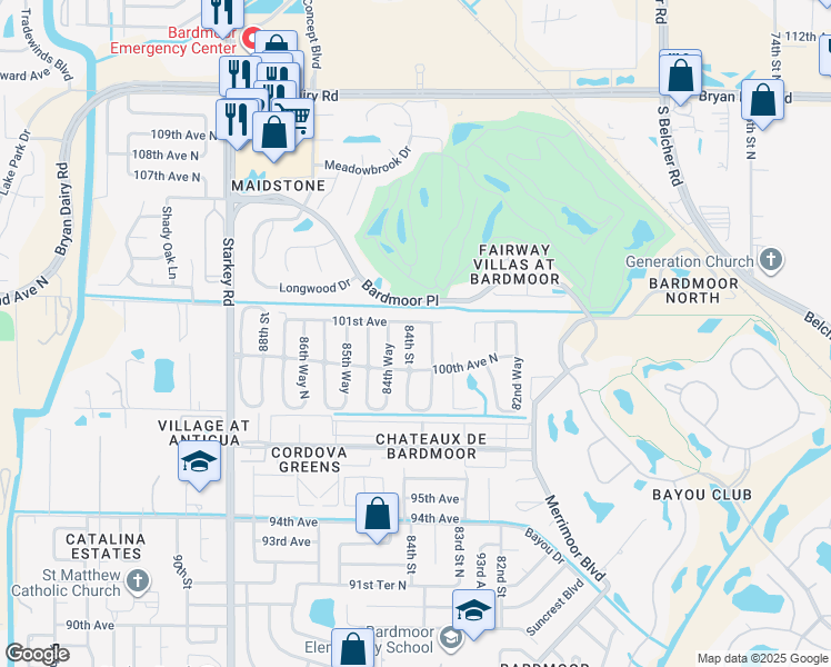 map of restaurants, bars, coffee shops, grocery stores, and more near 10085 84th Street in Seminole