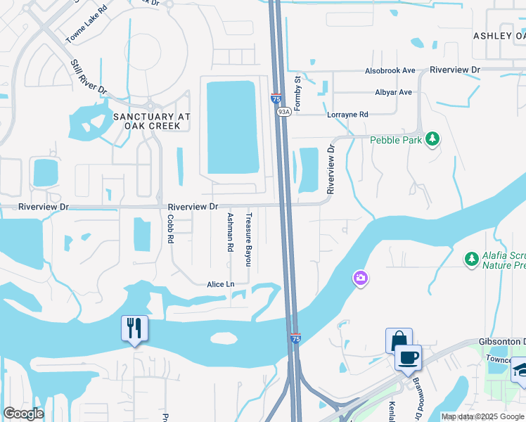 map of restaurants, bars, coffee shops, grocery stores, and more near 9547 Riverview Drive in Riverview