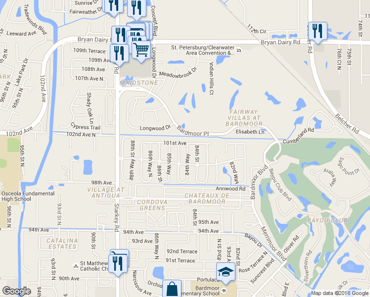 map of restaurants, bars, coffee shops, grocery stores, and more near 10086 84th Way in Seminole