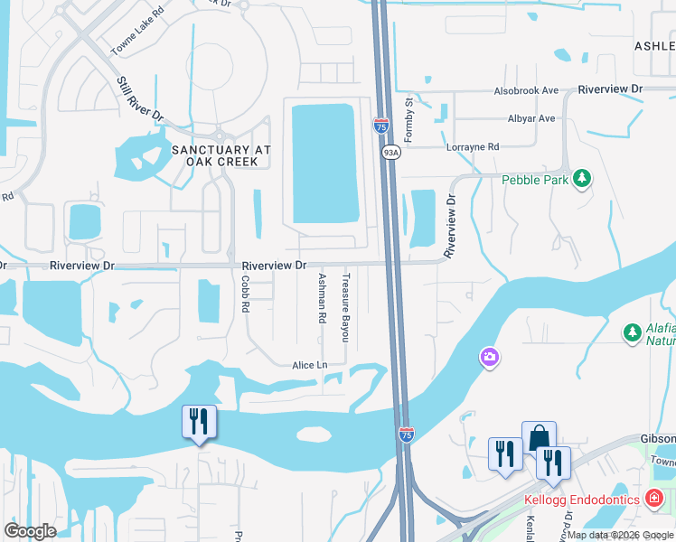 map of restaurants, bars, coffee shops, grocery stores, and more near 8801 Treasure Bayou in Riverview