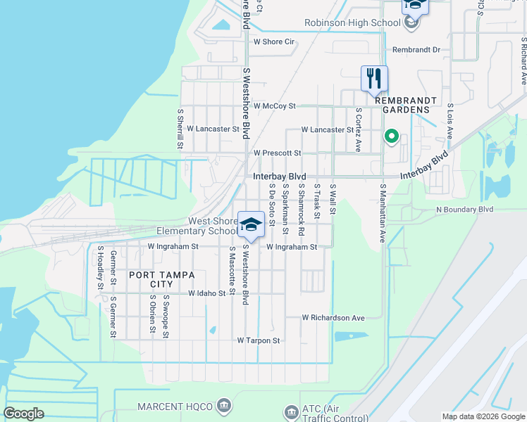 map of restaurants, bars, coffee shops, grocery stores, and more near 7011 South De Soto Street in Tampa