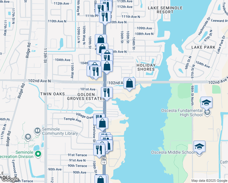 map of restaurants, bars, coffee shops, grocery stores, and more near 10600 101st Avenue in Seminole