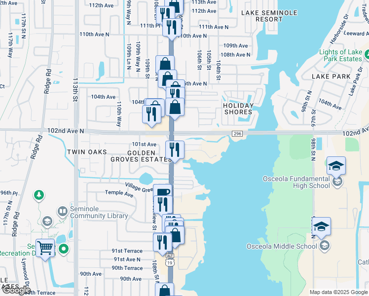 map of restaurants, bars, coffee shops, grocery stores, and more near 10099 Seminole Boulevard in Seminole
