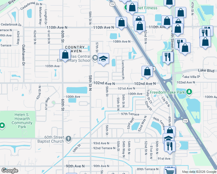 map of restaurants, bars, coffee shops, grocery stores, and more near 5591 101st Avenue North in Pinellas Park