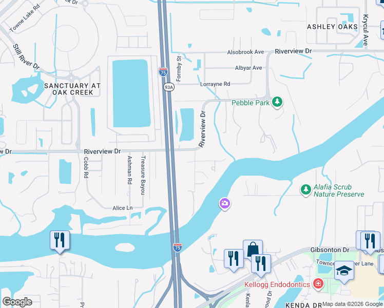map of restaurants, bars, coffee shops, grocery stores, and more near 9711 Riverview Drive in Riverview