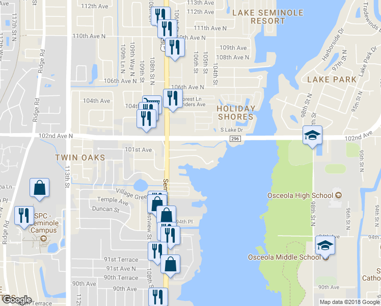map of restaurants, bars, coffee shops, grocery stores, and more near 10600 101st Avenue in Seminole