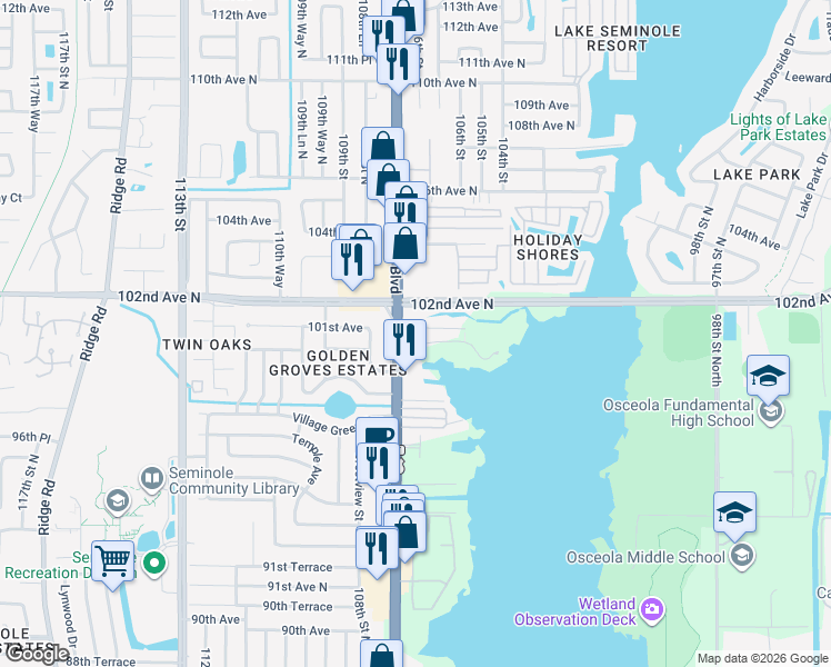 map of restaurants, bars, coffee shops, grocery stores, and more near 10099 Seminole Boulevard in Seminole
